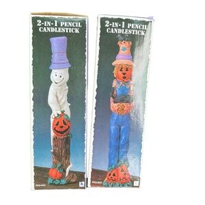 Set of 2 Vintage 2-in-1 Pencil Candlestick Holders Ghost and Scarecrow
